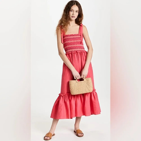 Cara Cara NEW NWT Jenny Tie Shoulder Linen Midi Dress Hibiscus Size Medium - Picture 1 of 9